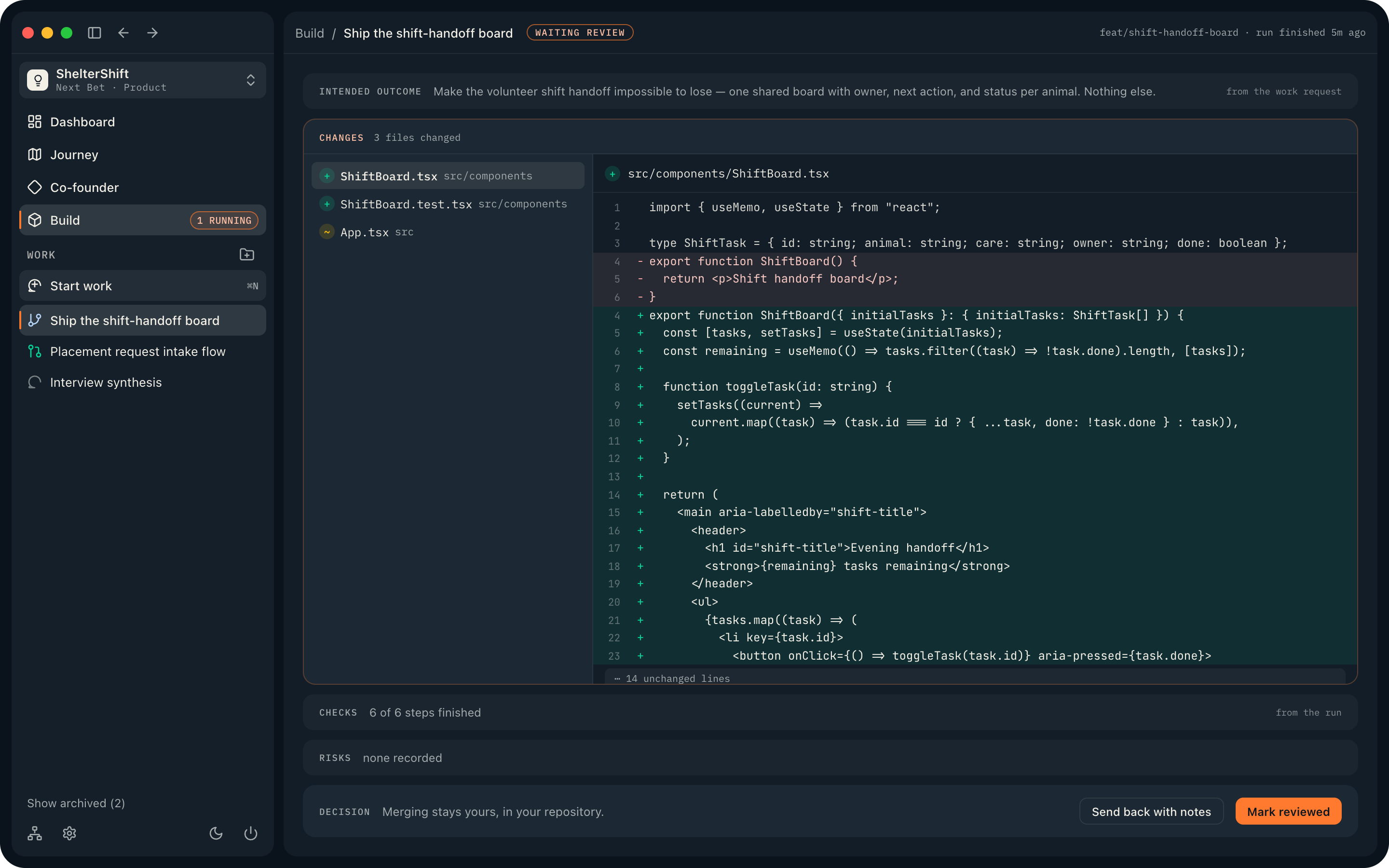 A Motriz work item's Changes station with a file tree and split diff view