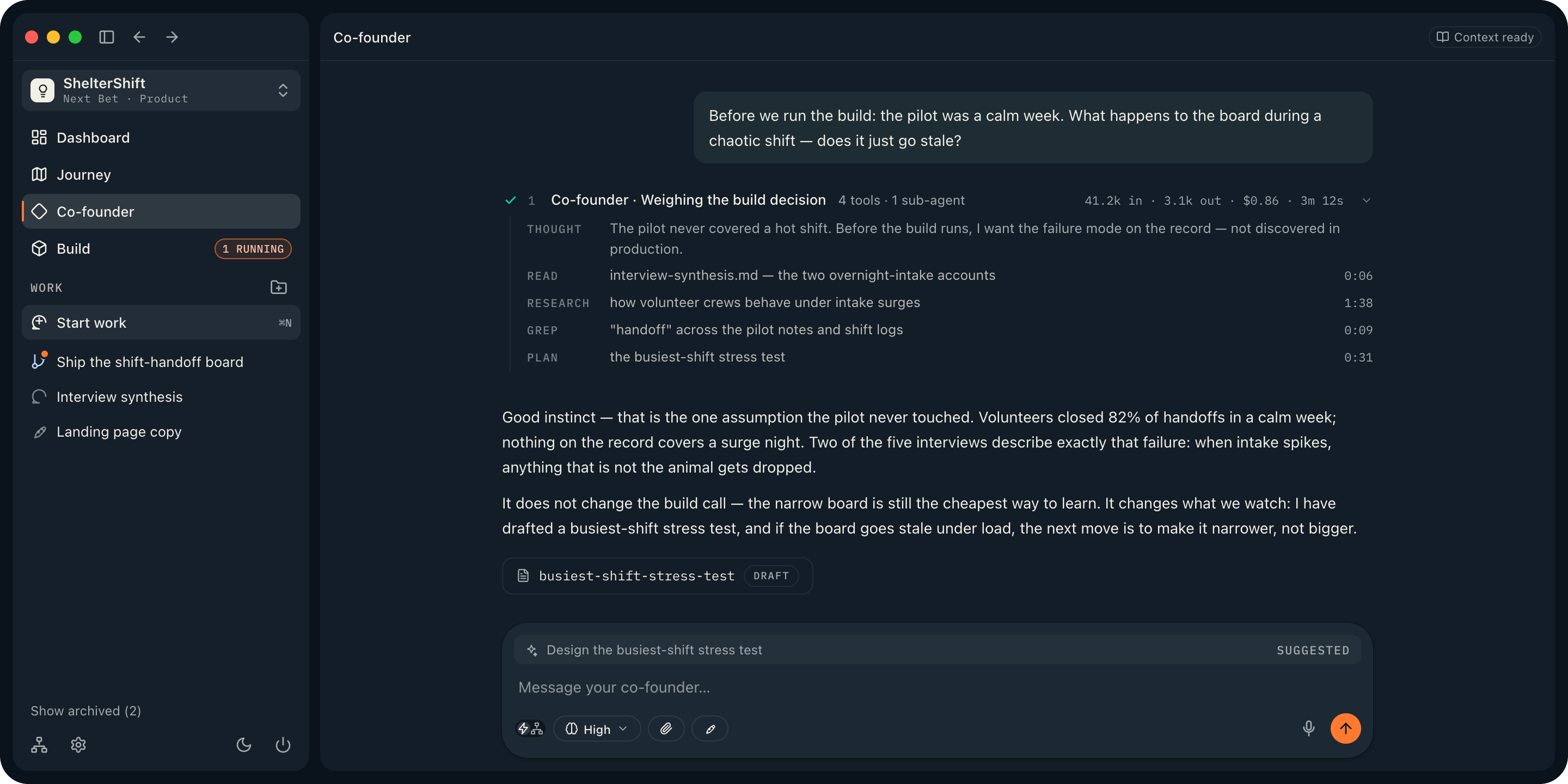 The Co-founder destination in Motriz, showing a product's one durable co-founder conversation pinned in the sidebar above the Work list