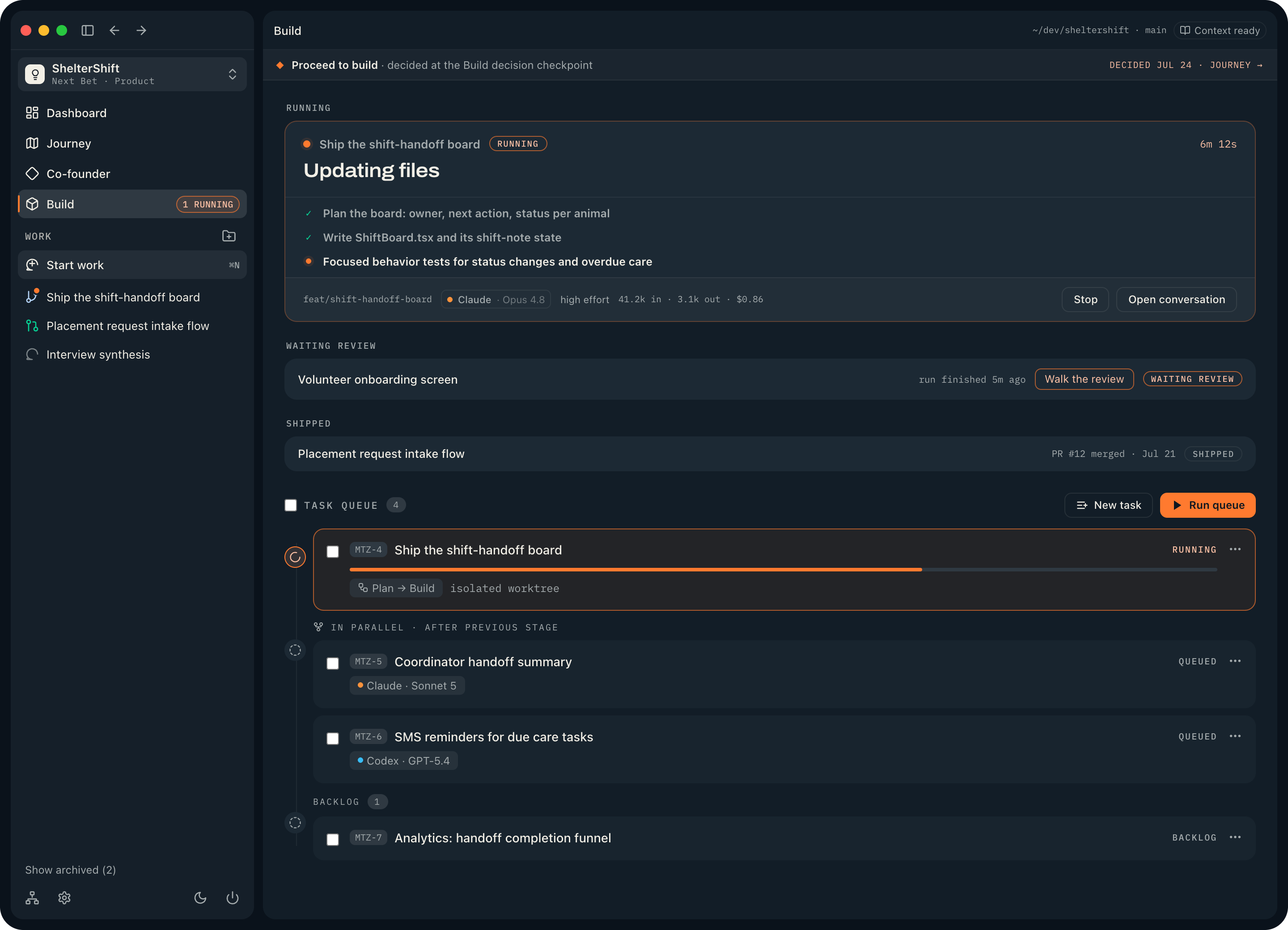 The Motriz Build destination showing the task queue with MTZ-numbered tasks and stages